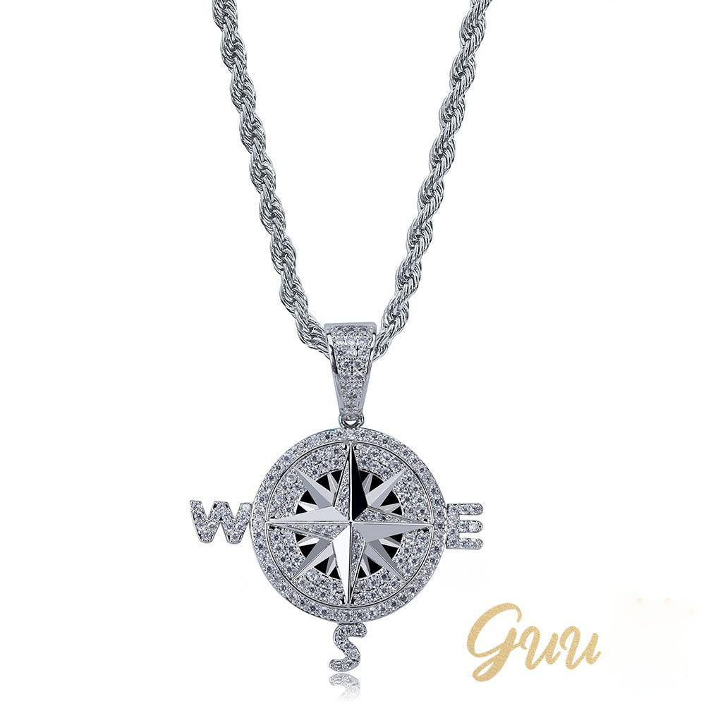 Iced Two-tone 45mm Gold-Plated  CZ  Compass  Pendant $ Cuban Link Chain