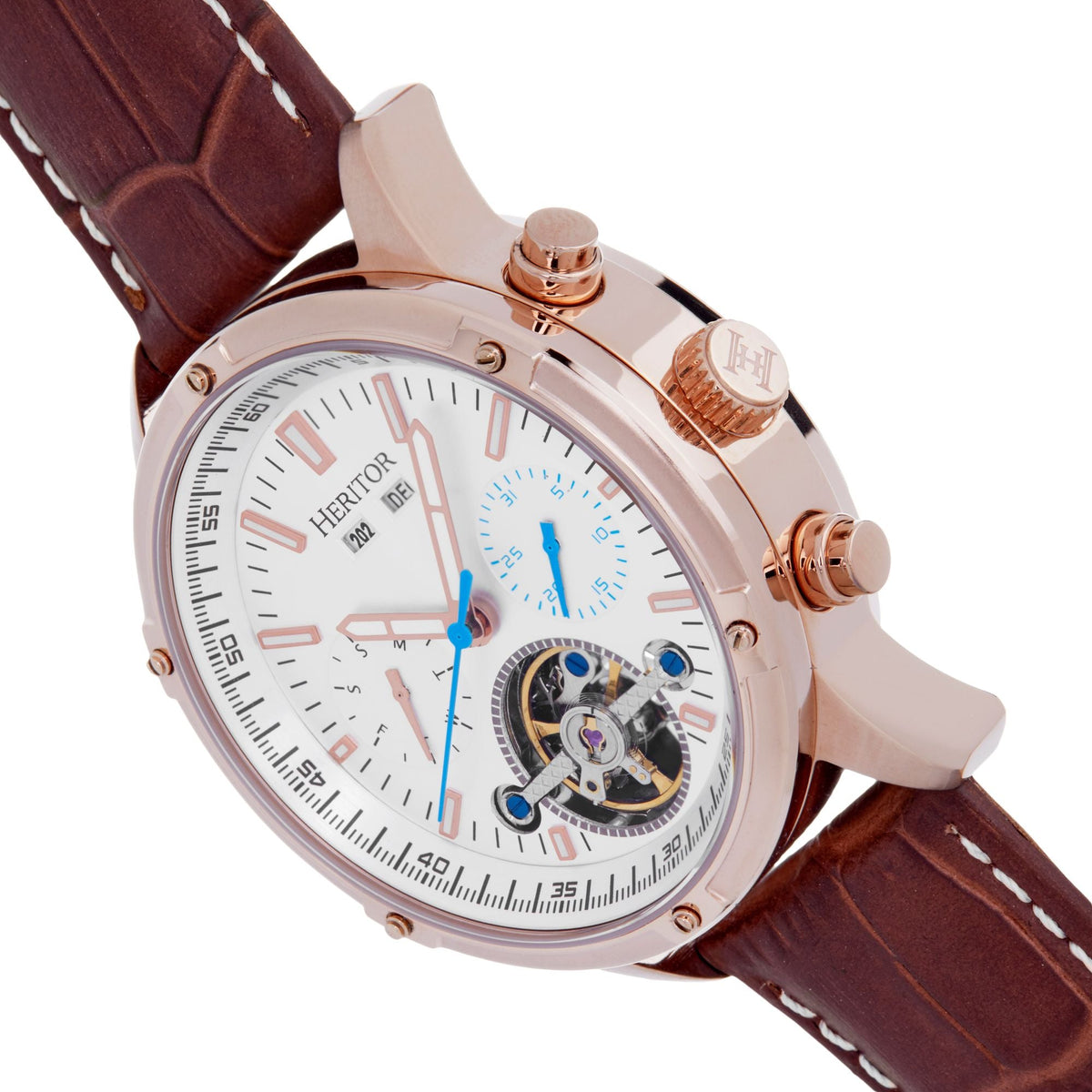 Heritor Automatic Wilhelm Semi-Skeleton Leather-Band Watch w/Day/Date - Brown/Rose Gold