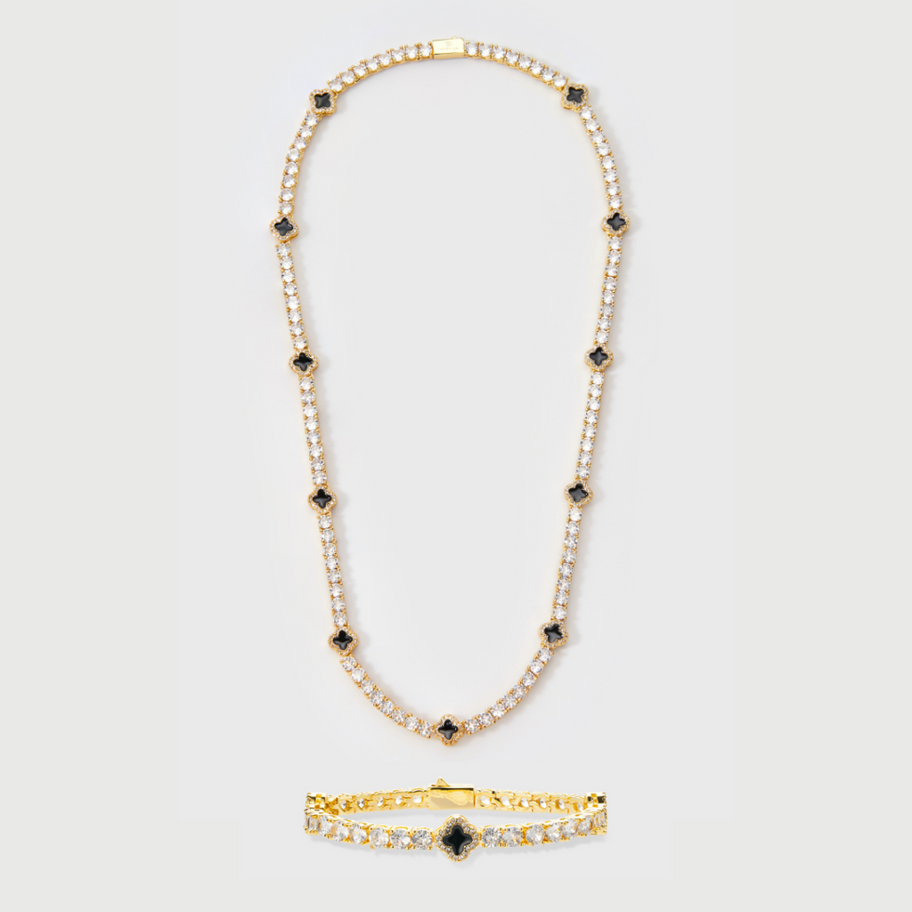Black Clover Tennis Chain + Bracelet (Gold) - 4mm