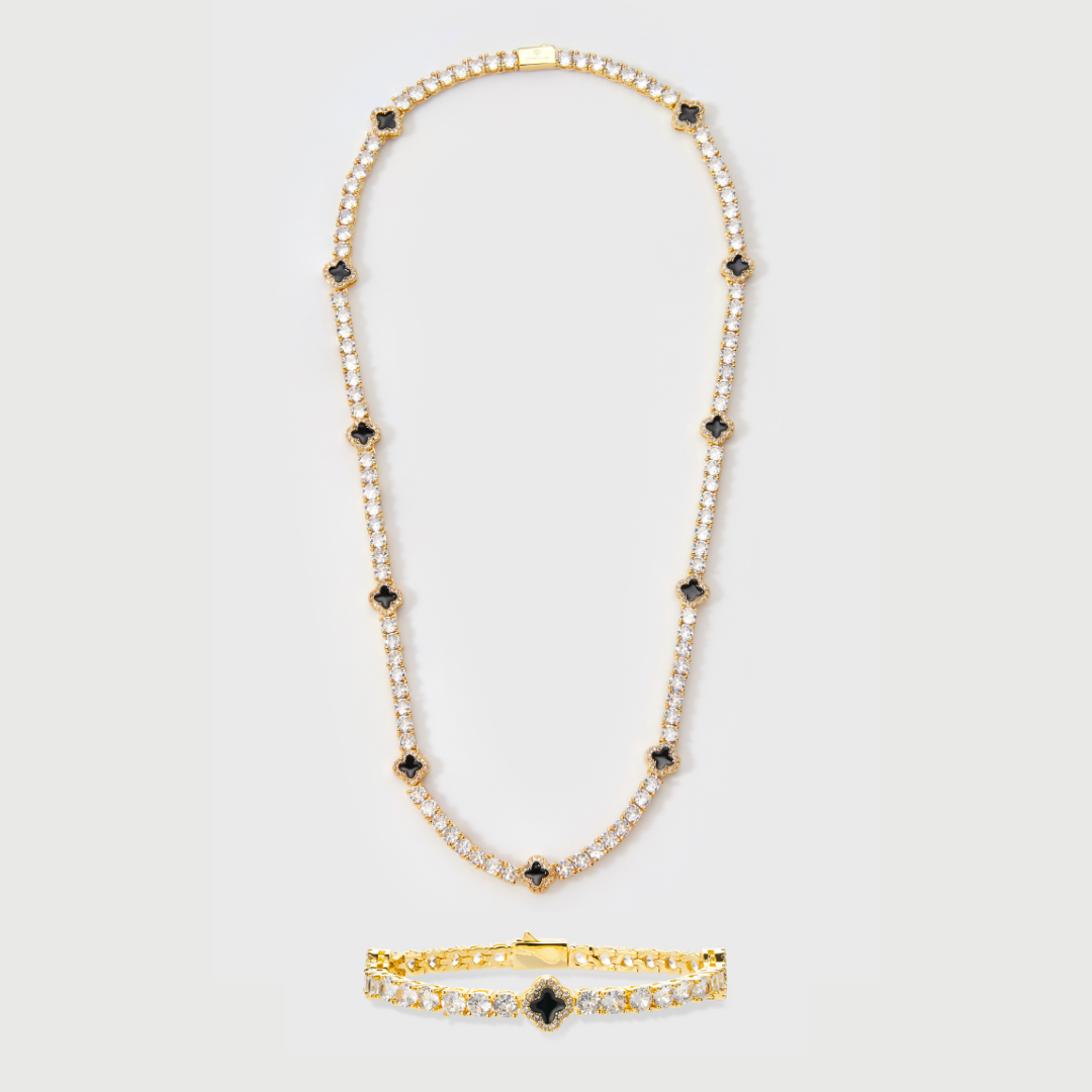 Black Clover Tennis Chain + Bracelet (Gold) - 4mm
