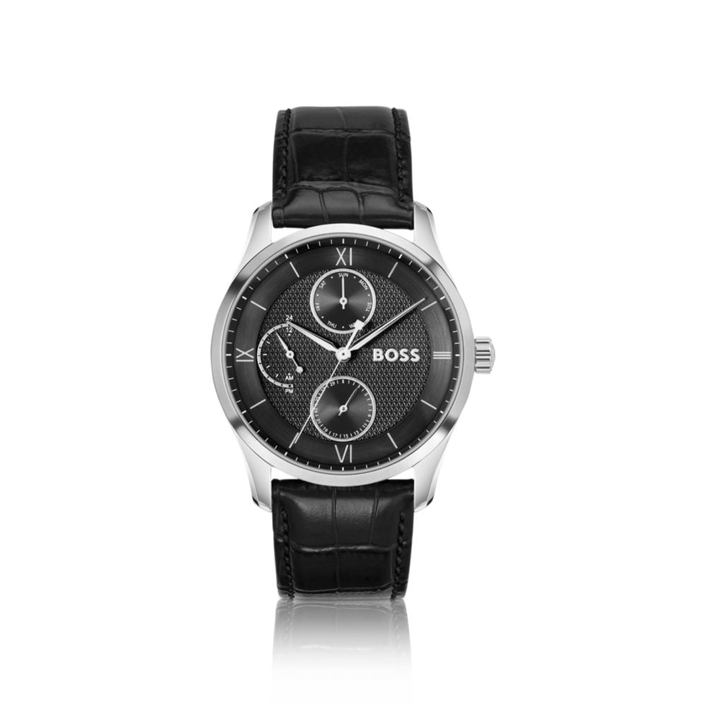 Leather-strap watch with black dial