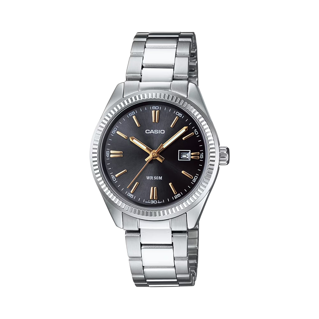 Casio Women’s Black Dial Stainless Steel Date Bracelet Watch - LTP-1302D-1A2V