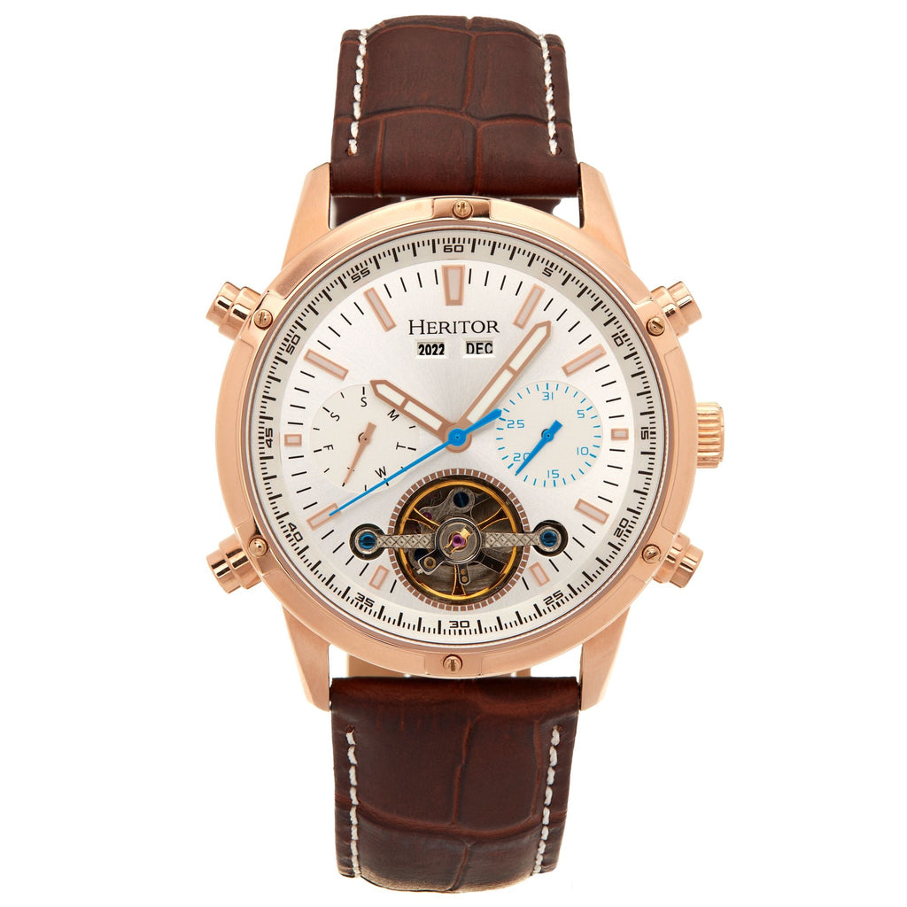 Heritor Automatic Wilhelm Semi-Skeleton Leather-Band Watch w/Day/Date - Brown/Rose Gold