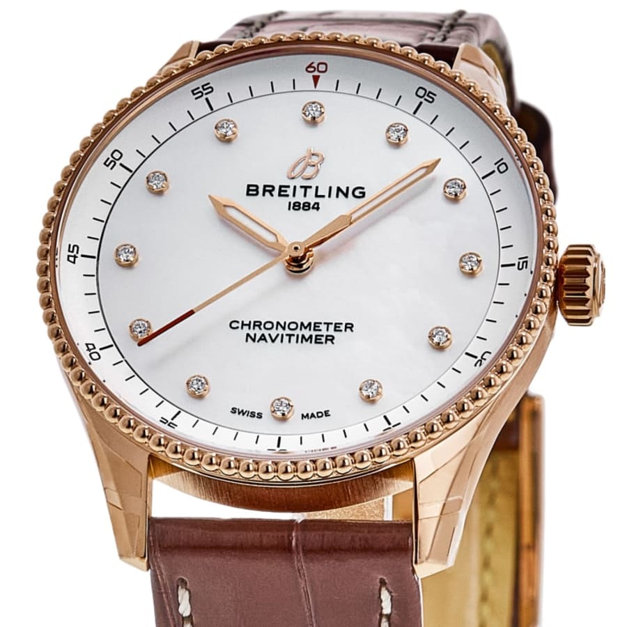 Breitling Navitimer 32 18kt Rose Gold Pearl Diamond Dial Leather Strap Women's Watch R77320E61A1P1