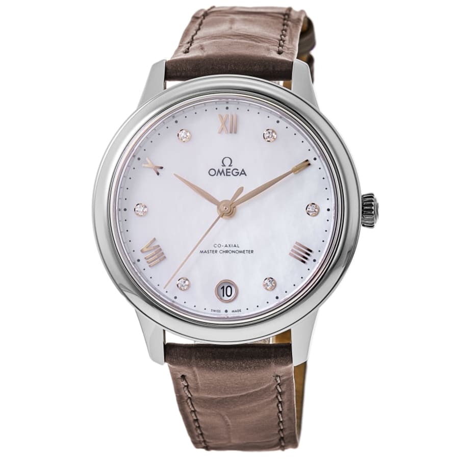 Omega De Ville Prestige Co-Axial Master Chronometer 34mm Automatic Mother of Pearl Diamond Dial Leather Strap Women's Watch 434.13.34.20.55.001