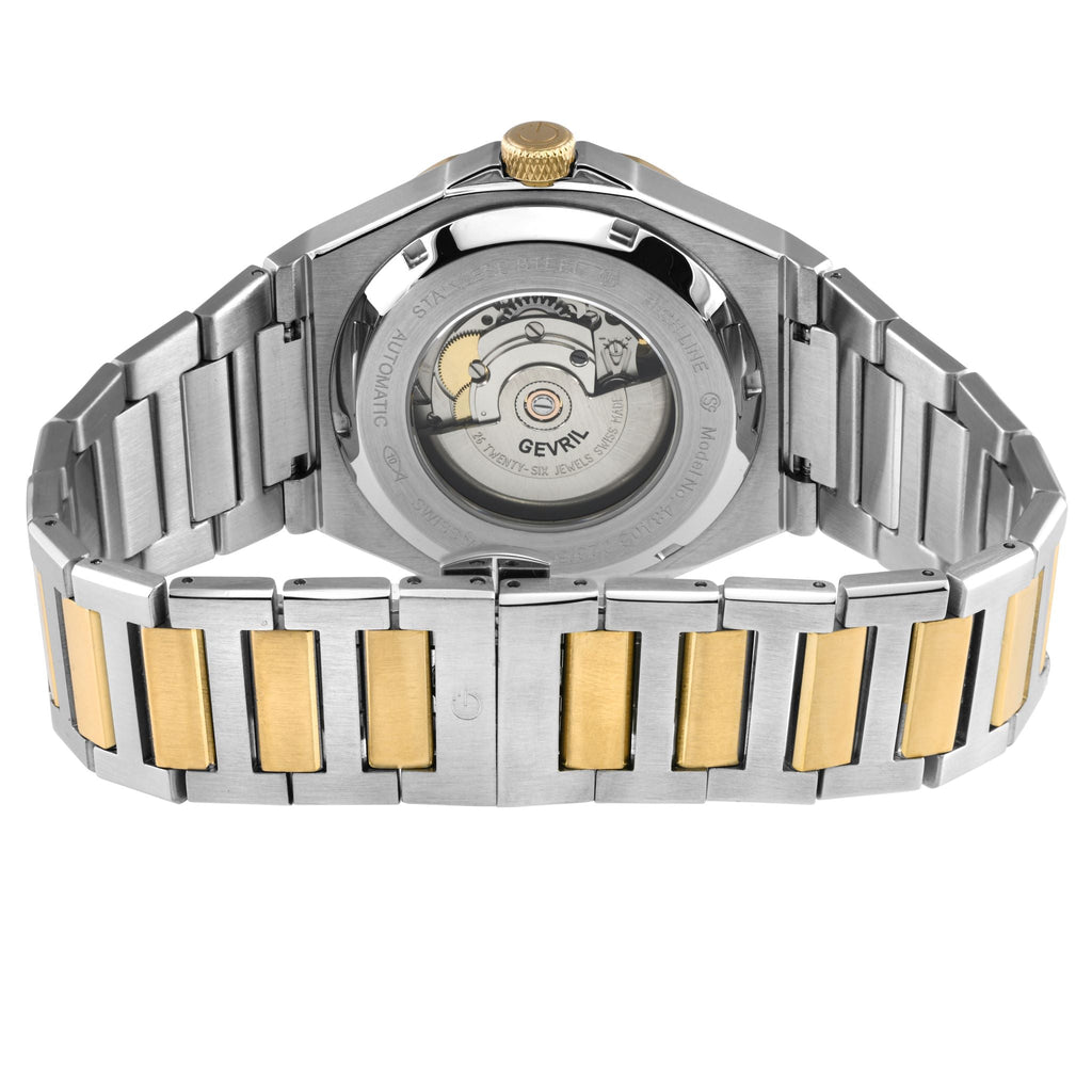 Gevril Men's High Line Automatic Watch Stainless Steel Case, Top ring in Black Sapphire Crystal, Two toned Stainless Steel IPYG  Bracelet
