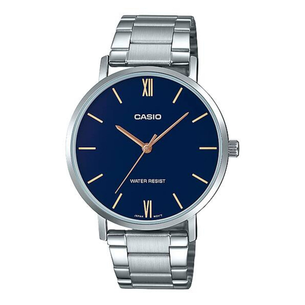 Casio Men’s Silver Bracelet Analog Watch with Blue Dial - MTP-VT01D-2BUDF