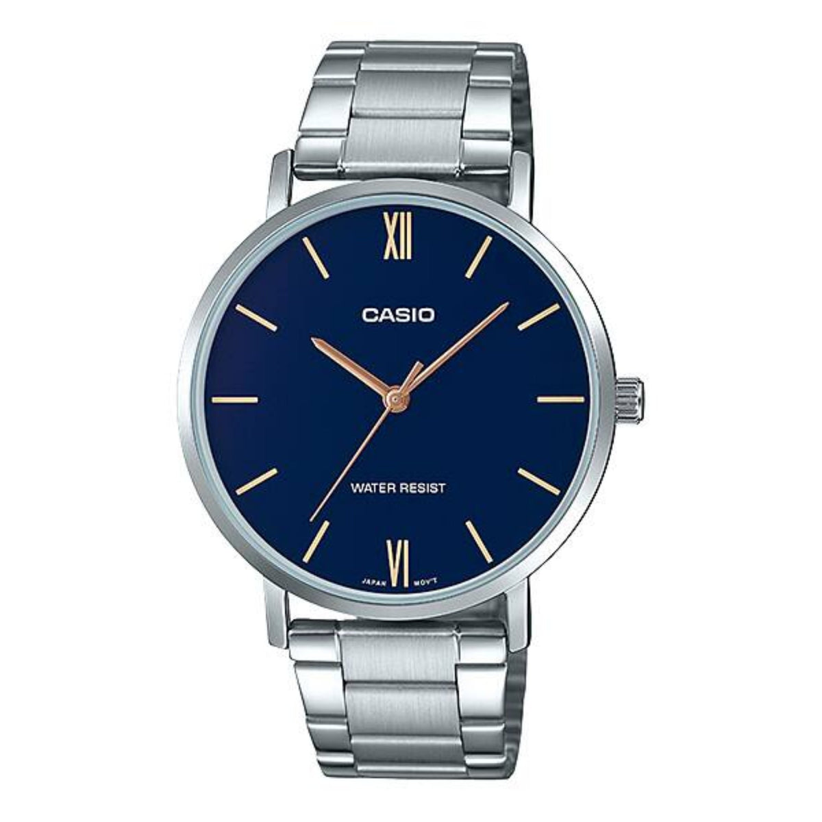 Casio Men’s Silver Bracelet Analog Watch with Blue Dial - MTP-VT01D-2BUDF