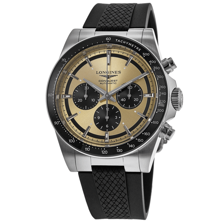 Longines Conquest Automatic Chronograph Yellow Gold Tone Rubber Strap Men's Watch L3.835.4.32.9