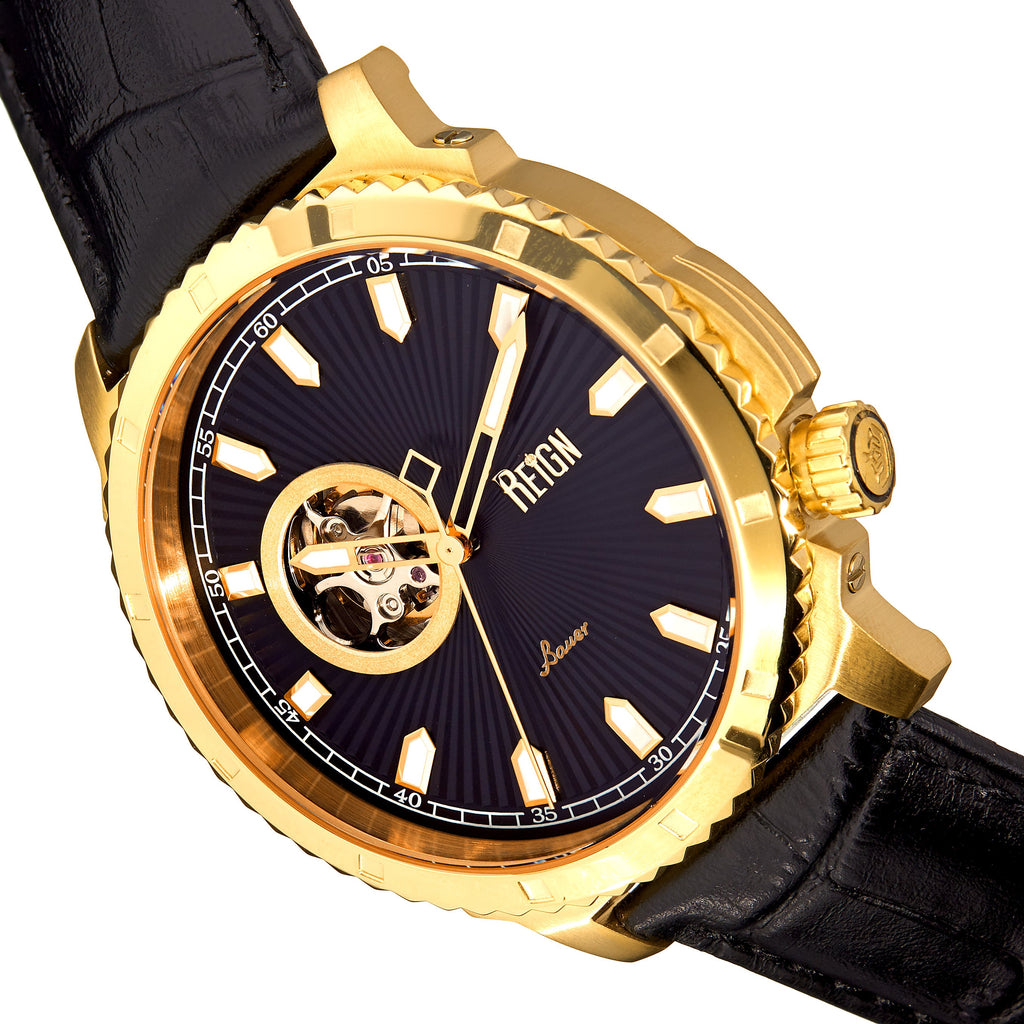 Bauer Automatic Semi-SkeletonLeather-Band Watch