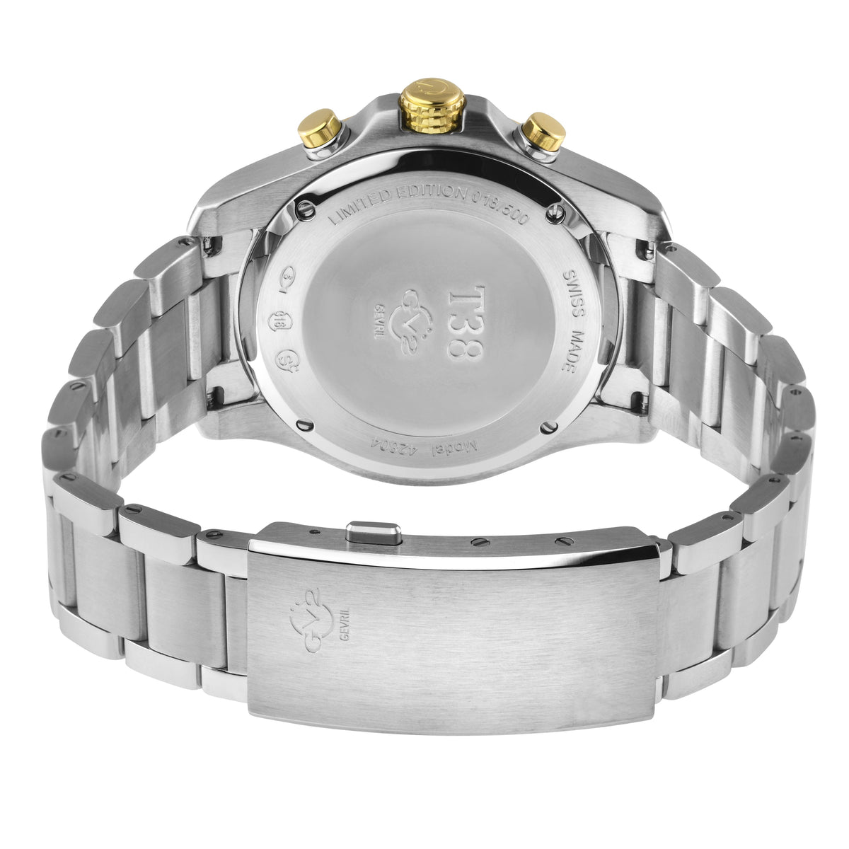 GV2 Men's T38 SS Case, 2T Bezel ring, Enamel Gray Dial with White print, 3 Black sub dial, 316L Staineless Steel Bracelet Watch.