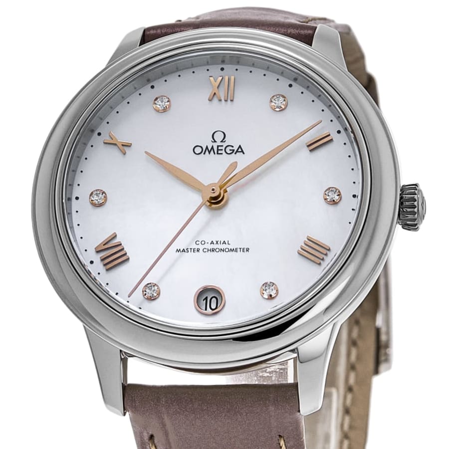 Omega De Ville Prestige Co-Axial Master Chronometer 34mm Automatic Mother of Pearl Diamond Dial Leather Strap Women's Watch 434.13.34.20.55.001