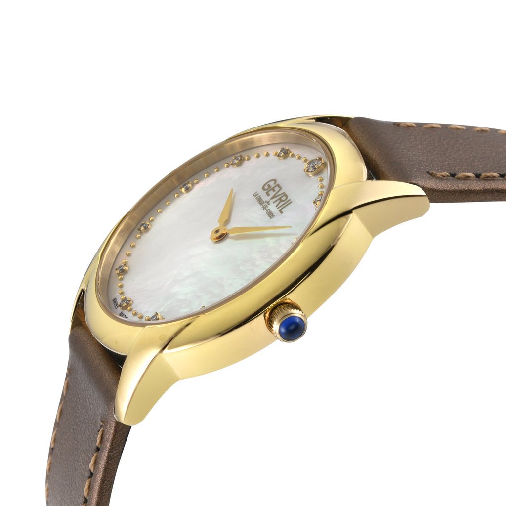 Gevril Women's Airolo Swiss Diamond Watch, White MOP Dial, 316L SS/IPYG Case, Genuine Italian Croc Leather Strap