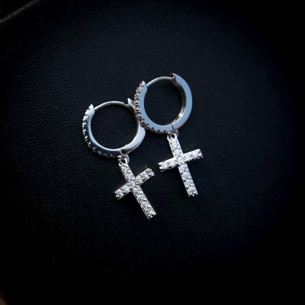 GLD Diamond Cross Micro Huggie Hoop Earrings in White Gold