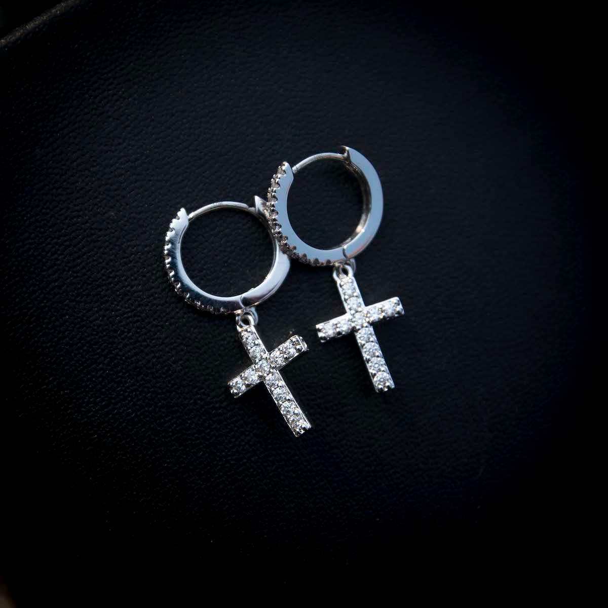 GLD Diamond Cross Micro Huggie Hoop Earrings in White Gold