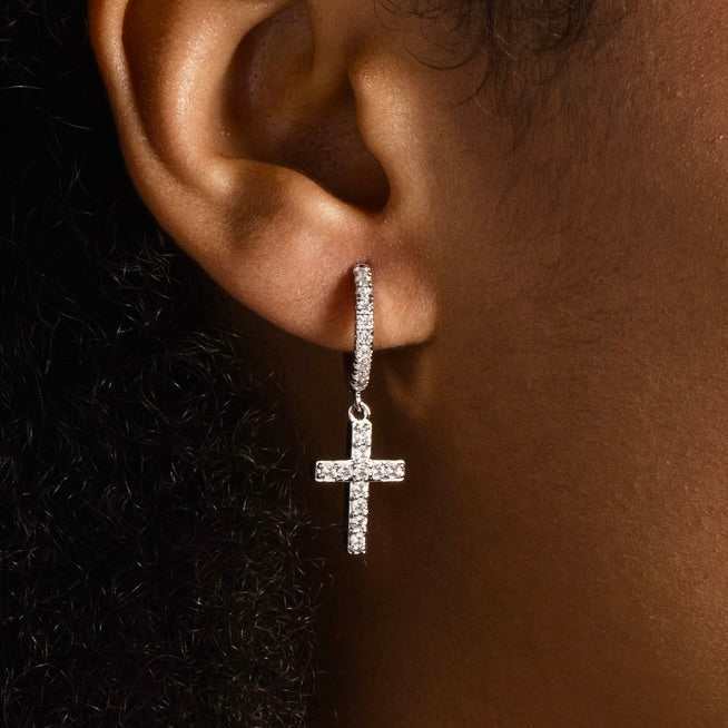 GLD Diamond Cross Micro Huggie Hoop Earrings in White Gold