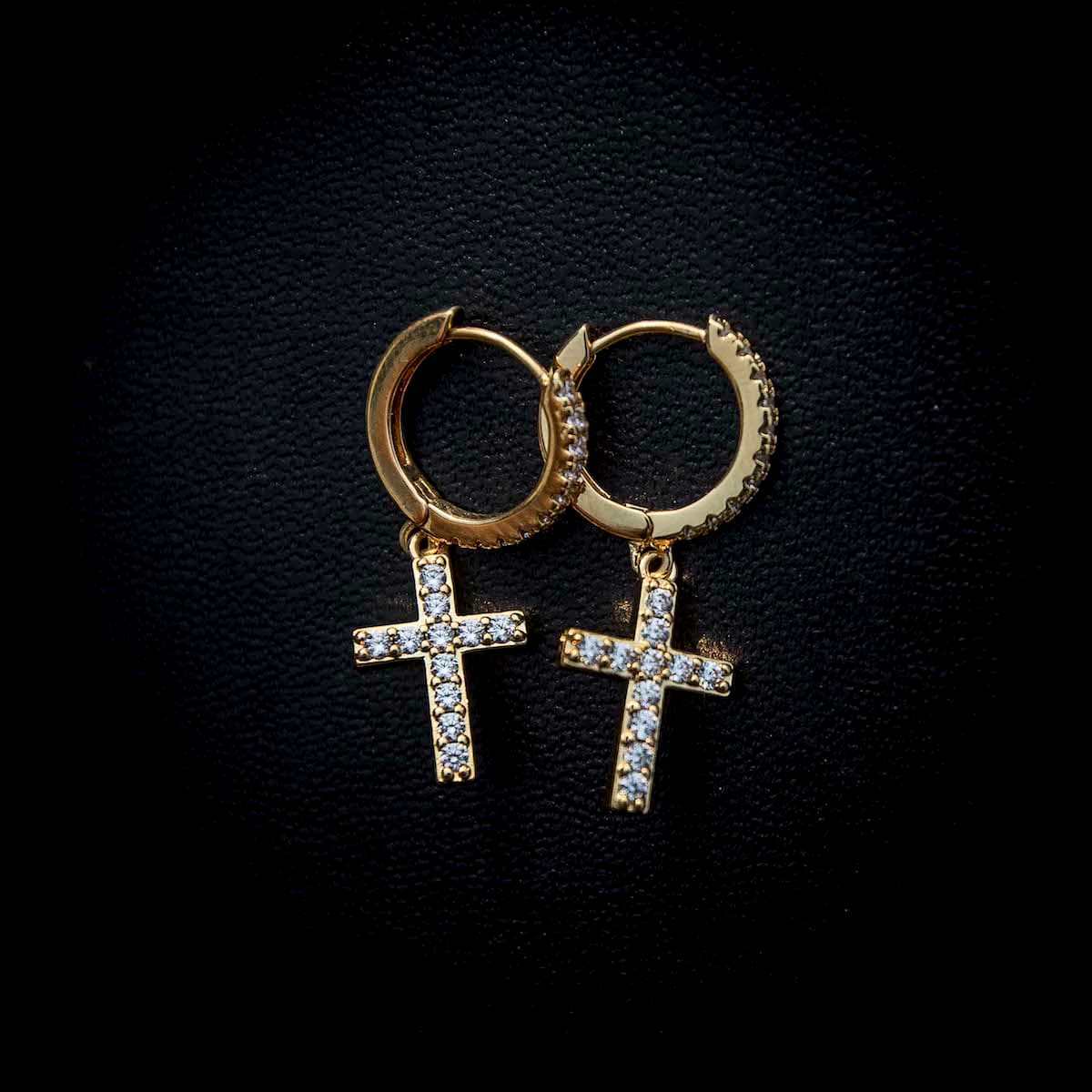 GLD Diamond Cross Extra Small Huggie Hoop Earrings in Yellow Gold