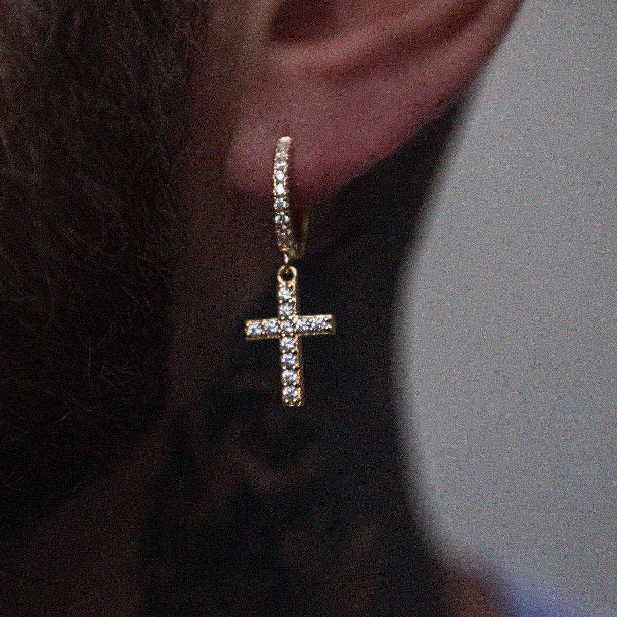 GLD Diamond Cross Extra Small Huggie Hoop Earrings in Yellow Gold