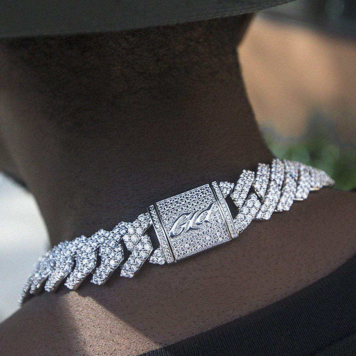 GLD Diamond Prong Cuban Chain in White Gold - 19mm