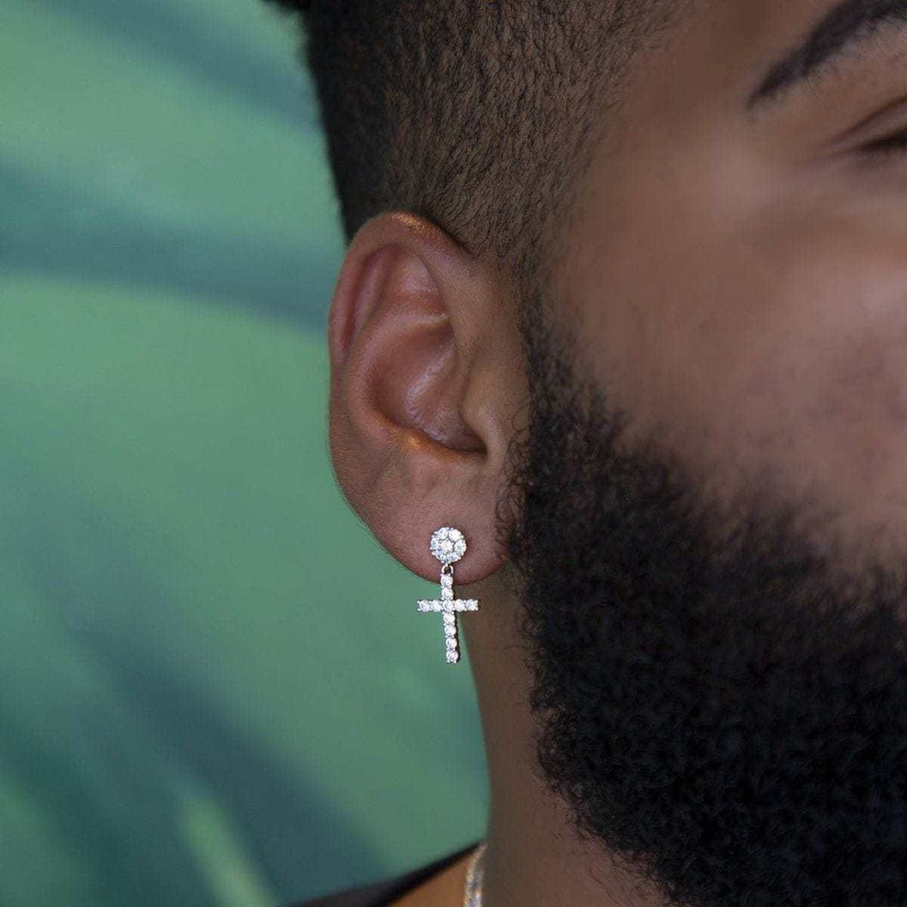 GLD Diamond Studded Cross Earrings in White Gold