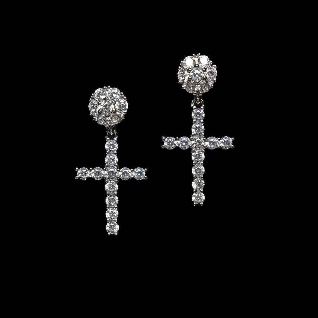 GLD Diamond Studded Cross Earrings in White Gold