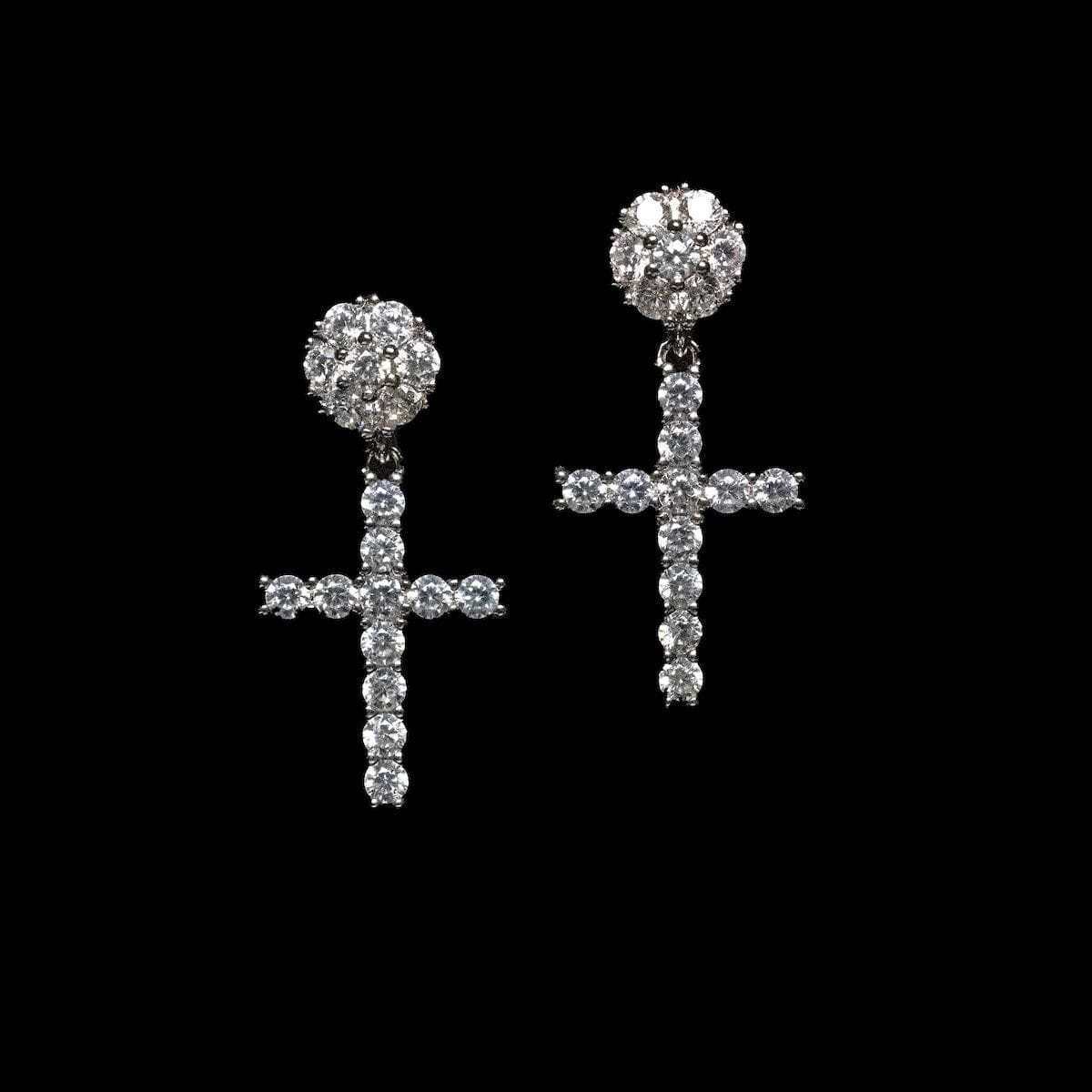GLD Diamond Studded Cross Earrings in White Gold