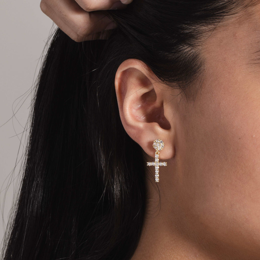GLD Diamond Studded Cross Earrings in Yellow Gold