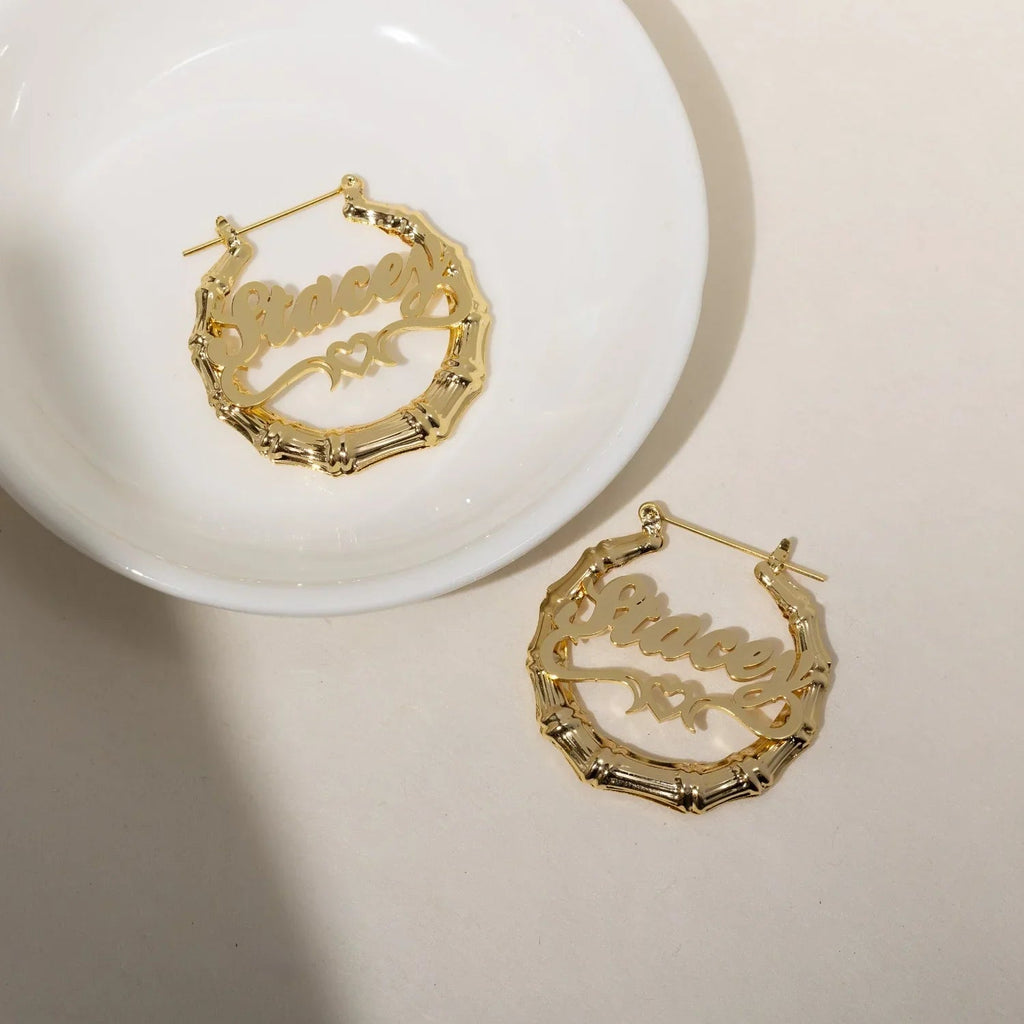 Heart Outline Bamboo Name Hoop Earrings