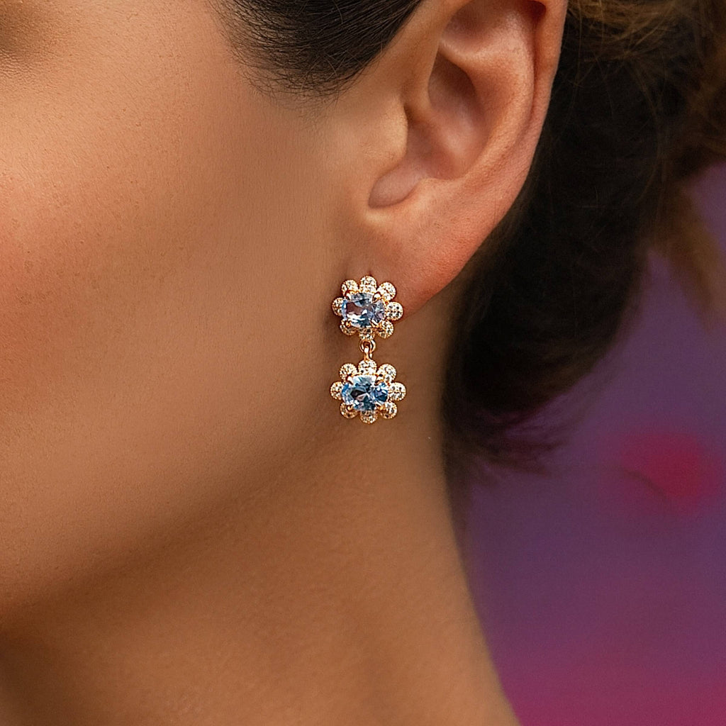 Iced Blue Double Flower Earring in Rose Gold