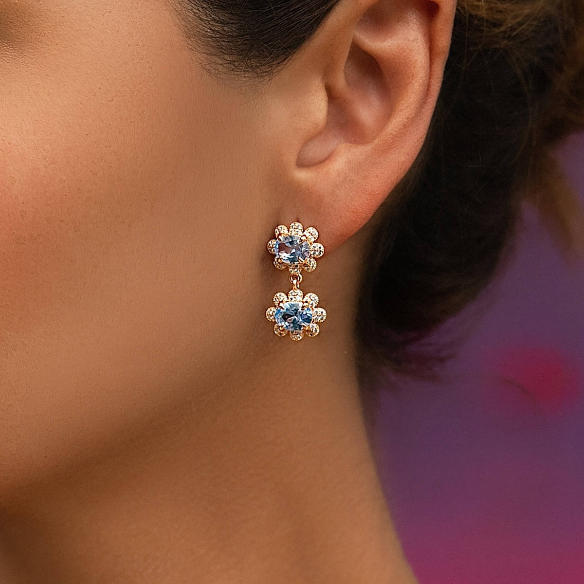 Iced Blue Double Flower Earring in Rose Gold