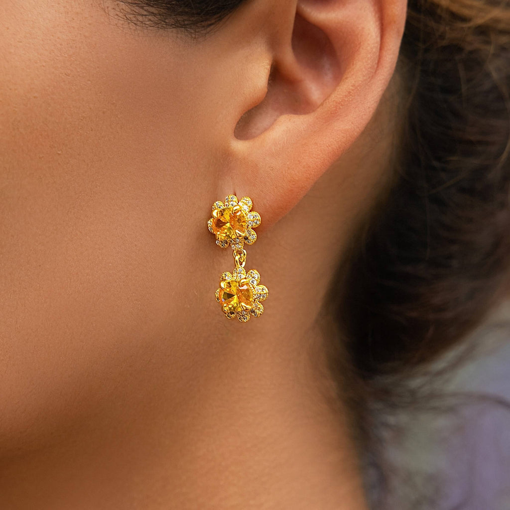 Iced Canary Double Flower Earring in Yellow Gold