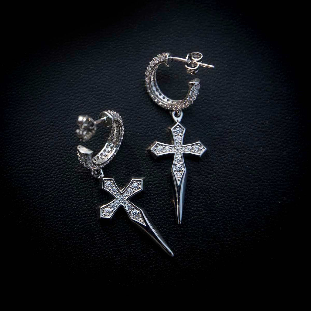 GLD Dripping Cross Extra Small Huggie Hoop Earrings in White Gold