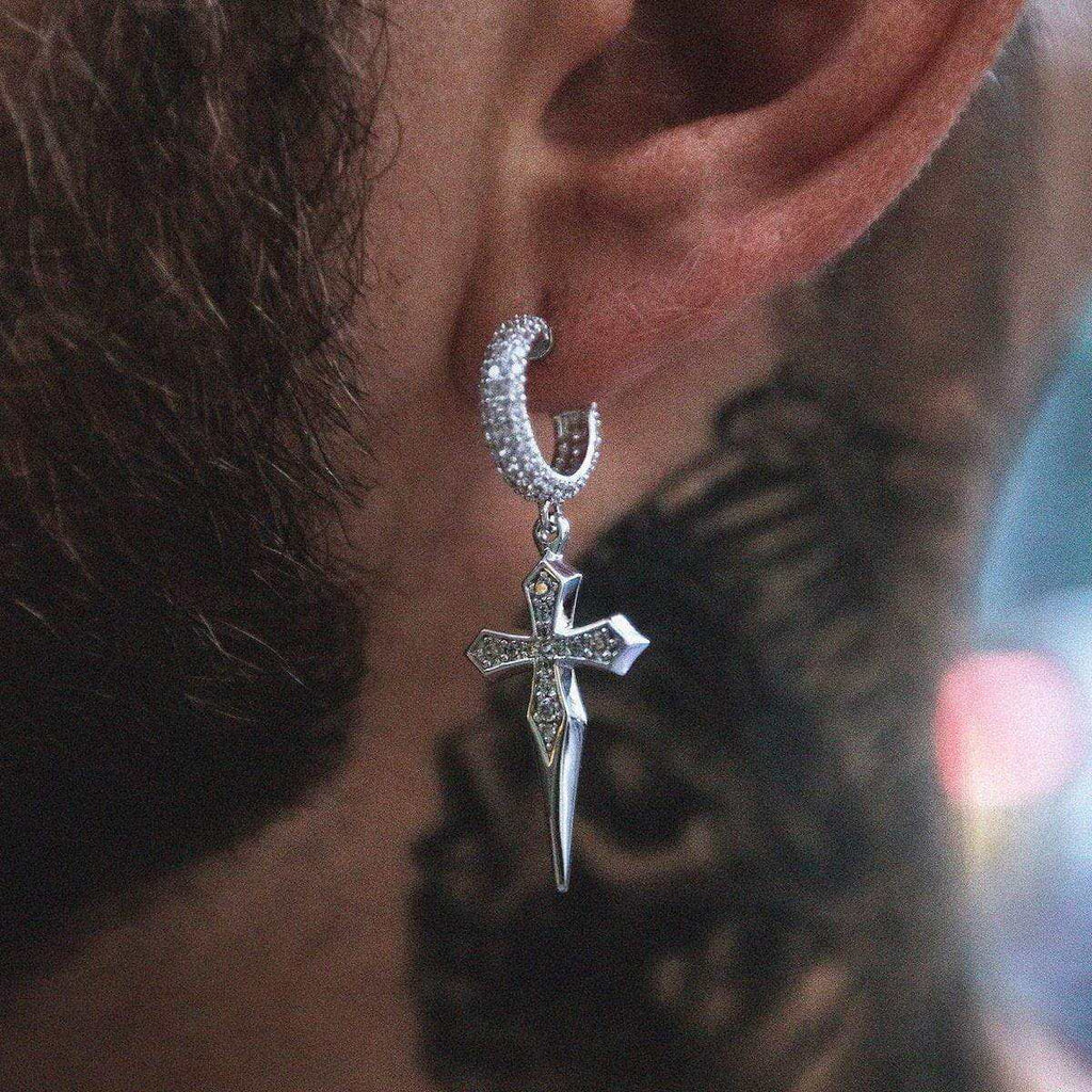 GLD Dripping Cross Extra Small Huggie Hoop Earrings in White Gold