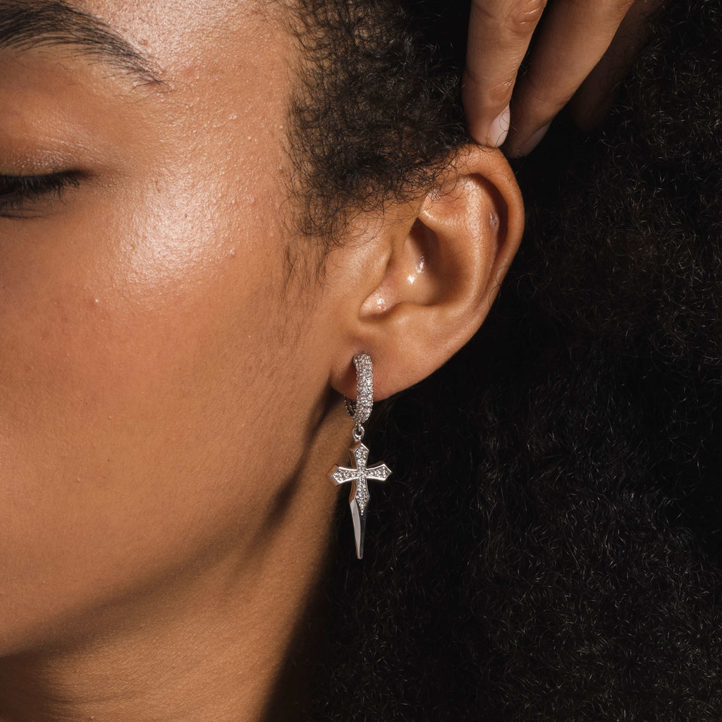 GLD Dripping Cross Extra Small Huggie Hoop Earrings in White Gold