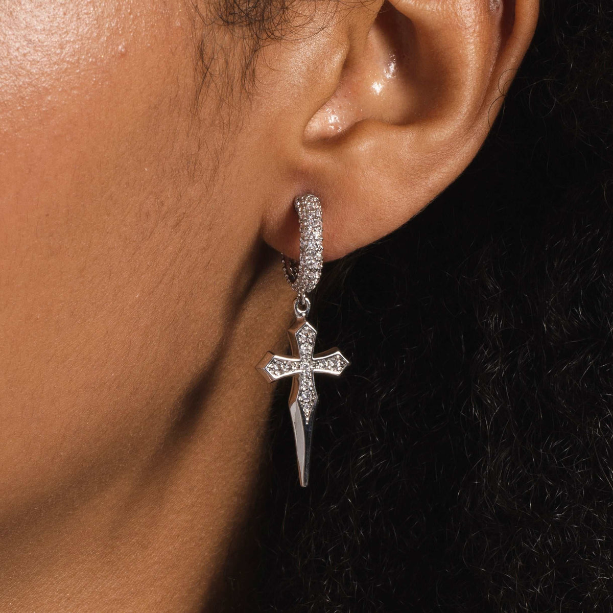 GLD Dripping Cross Extra Small Huggie Hoop Earrings in White Gold