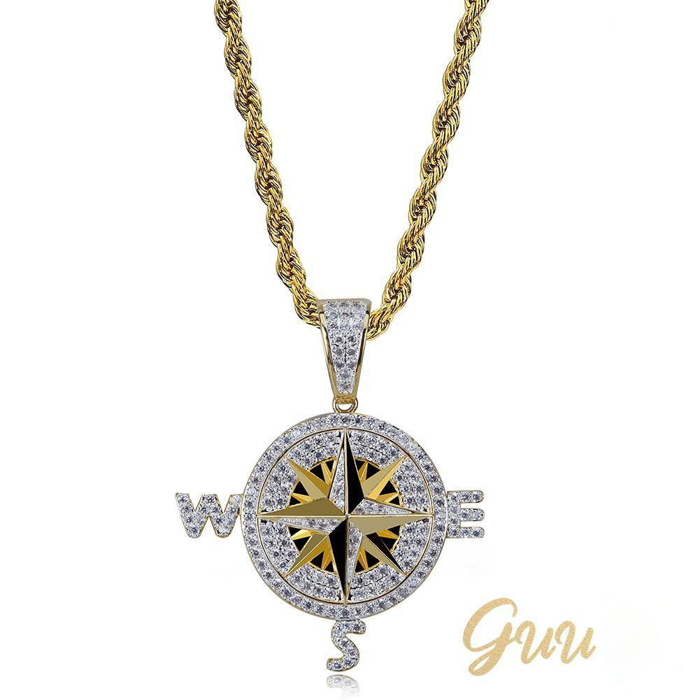 Iced Two-tone 45mm Gold-Plated  CZ  Compass  Pendant $ Cuban Link Chain