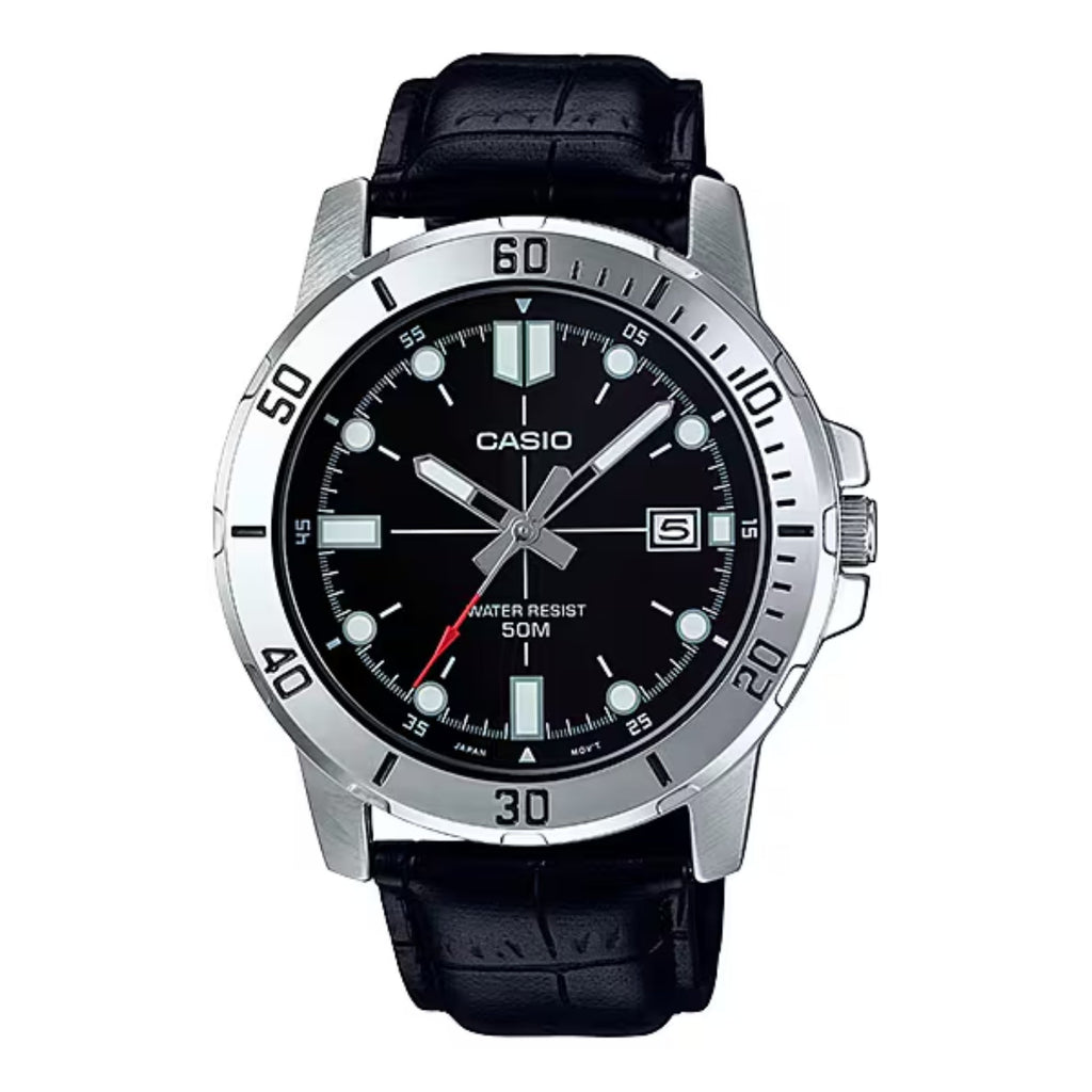 Casio Men’s Black Dial Sport Analog Watch with Leather Strap - MTP-VD01L-1EVUDF