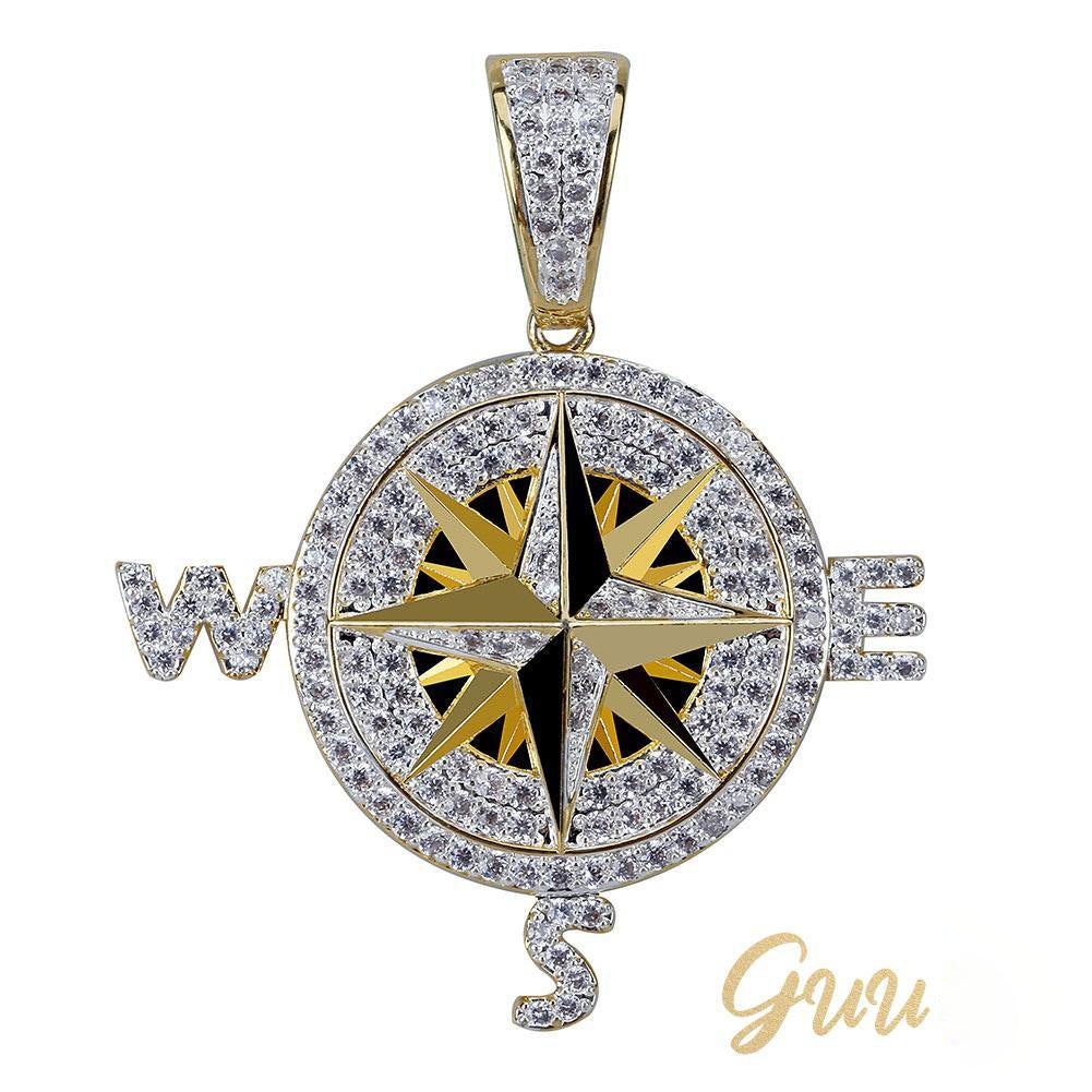 Iced Two-tone 45mm Gold-Plated  CZ  Compass  Pendant $ Cuban Link Chain