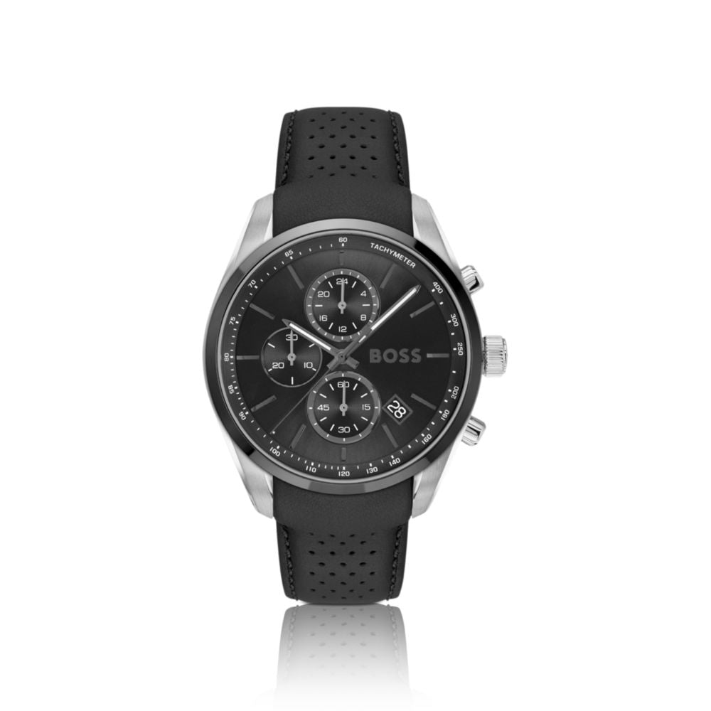 Leather-strap chronograph watch with black dial