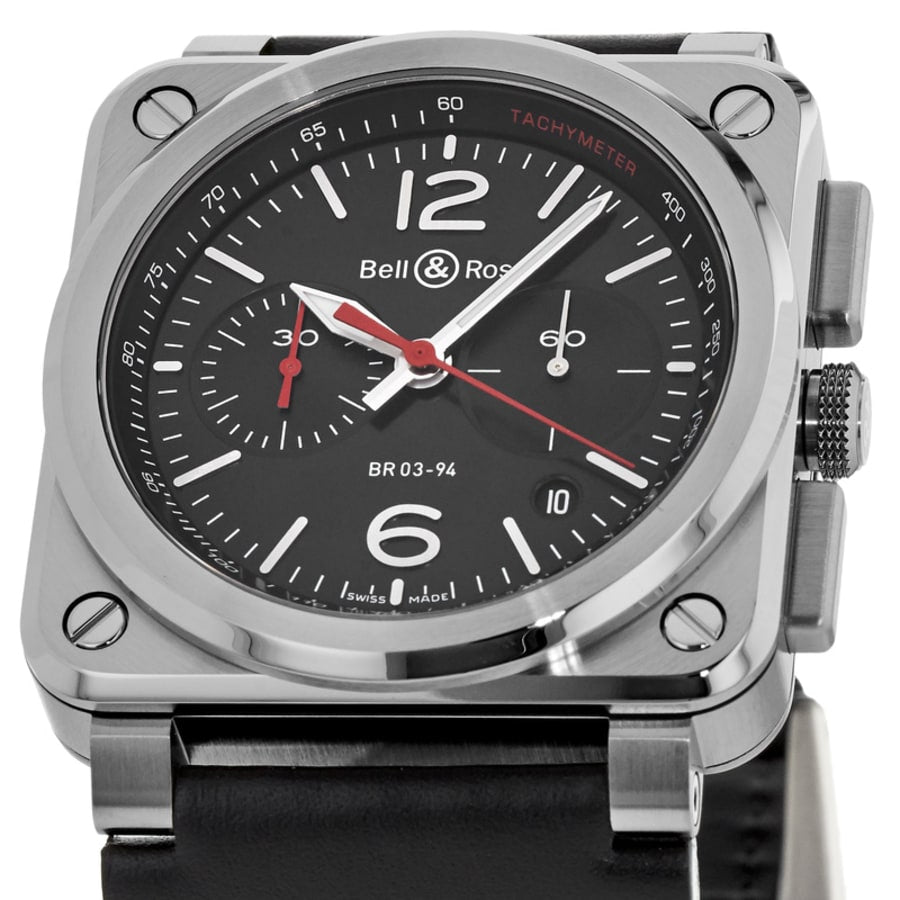 Bell & Ross BR 03-94 Chronograph 42mm Black Dial Leather Strap Men's Watch BR0394-BLC-ST/SCA