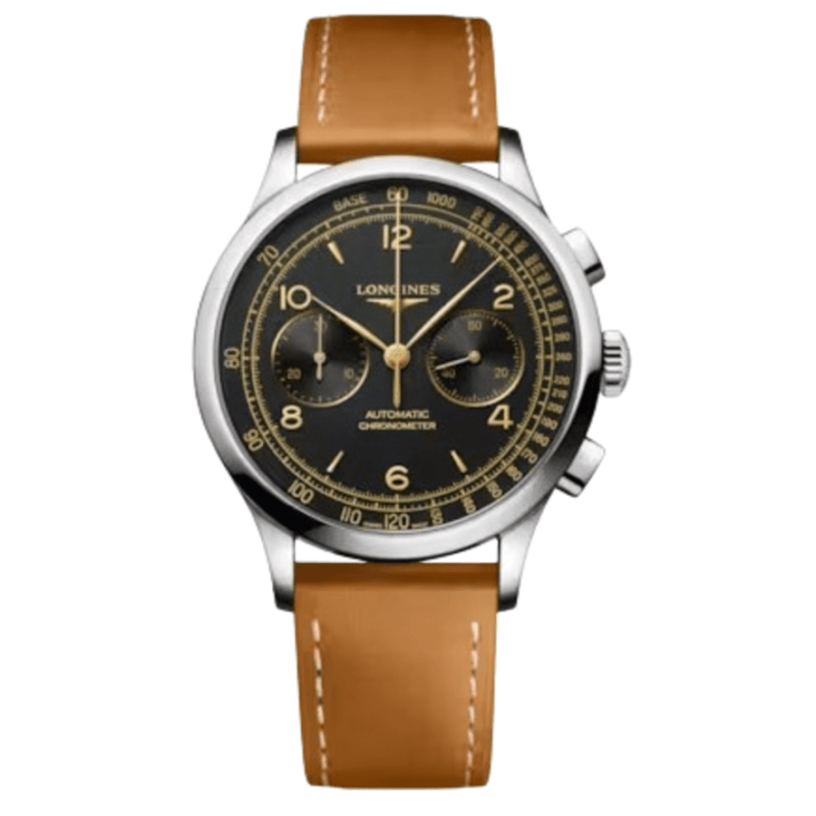 Longines Record Chronometer Chronograph Black Dial Leather Strap Men's Watch L2.921.4.56.2