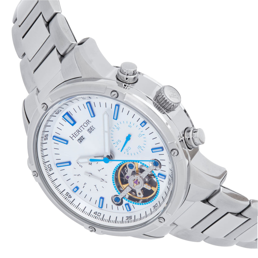 Heritor Automatic Wilhelm Semi-Skeleton Bracelet Watch w/Day/Date - Silver