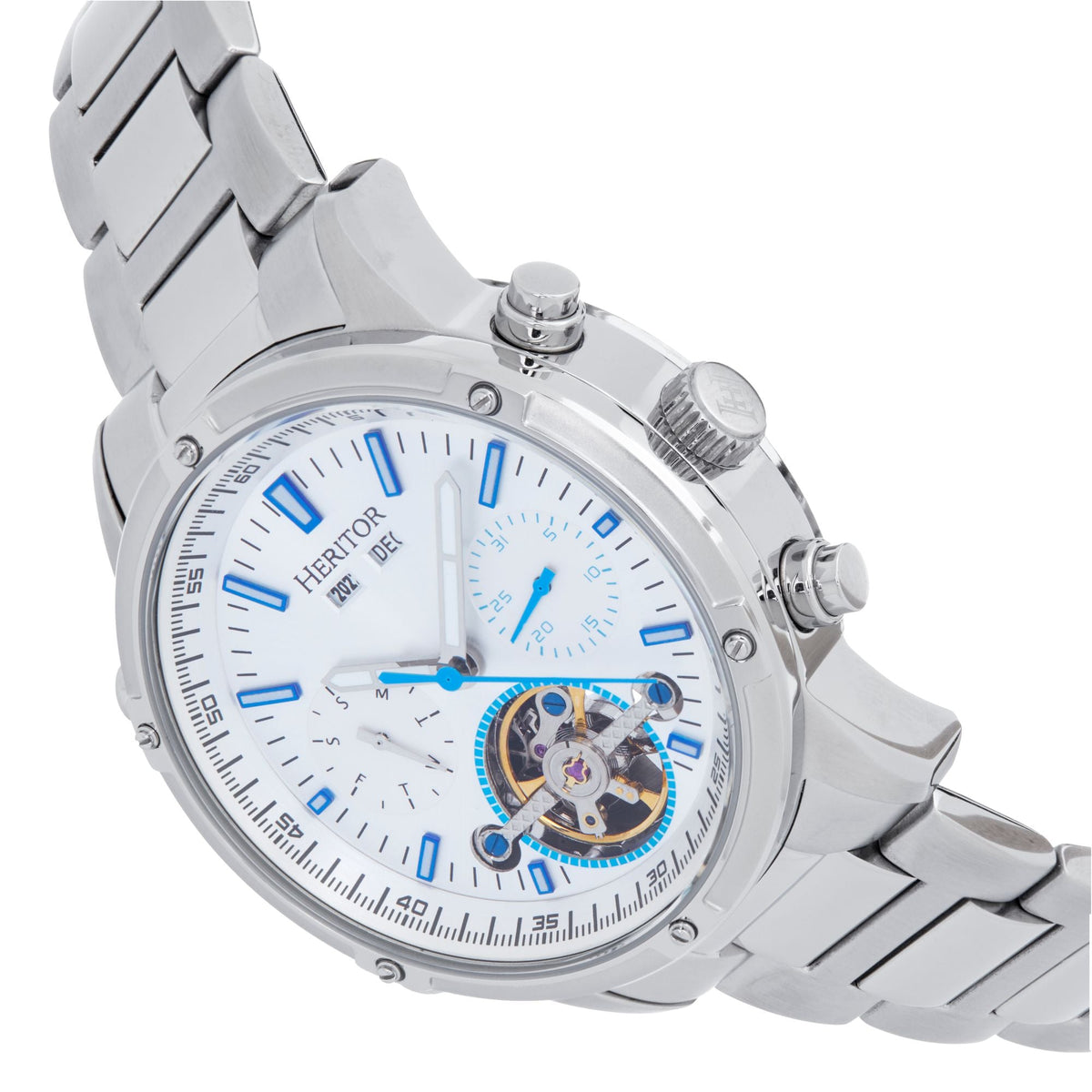 Heritor Automatic Wilhelm Semi-Skeleton Bracelet Watch w/Day/Date - Silver