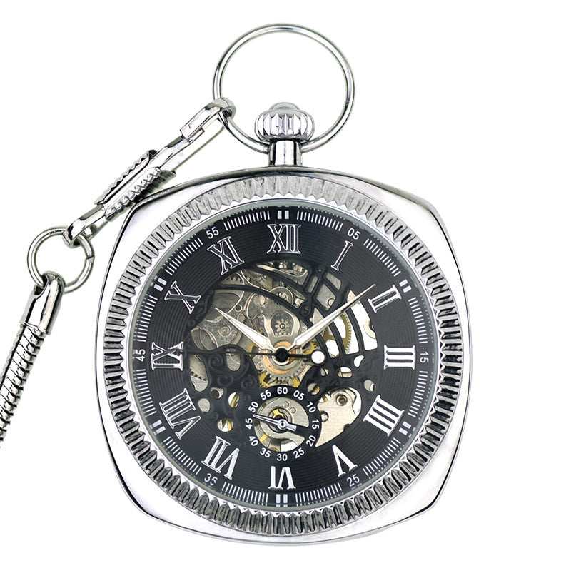 Mechanical Silver Vintage Skeleton Square Open-Face Pocket Watch
