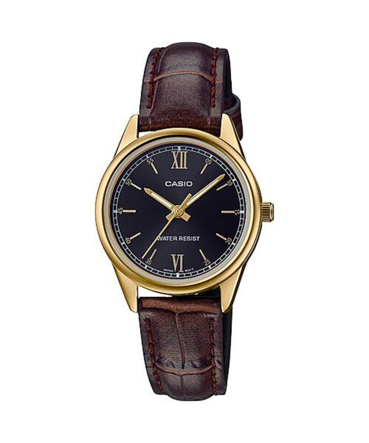 Casio Women’s Gold Tone Analog Watch with Black Dial and Brown Leather Band - LTP-V005GL-1B2UDF