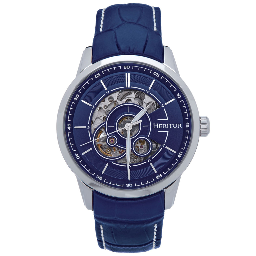 Heritor Automatic Davies Semi-Skeleton Leather-Band Watch - Silver/Navy