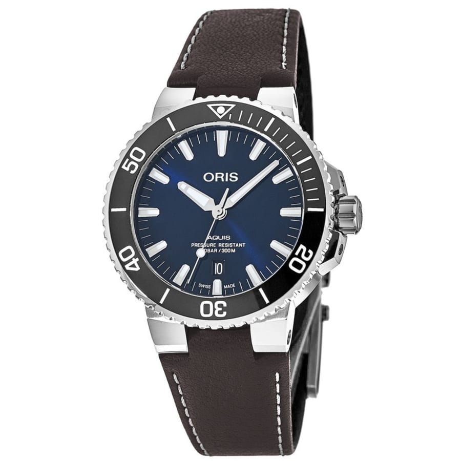 Oris Aquis Date Blue Dial Brown Leather Strap Men's Watch 01 733 7732 4135-07 5 21 10FC