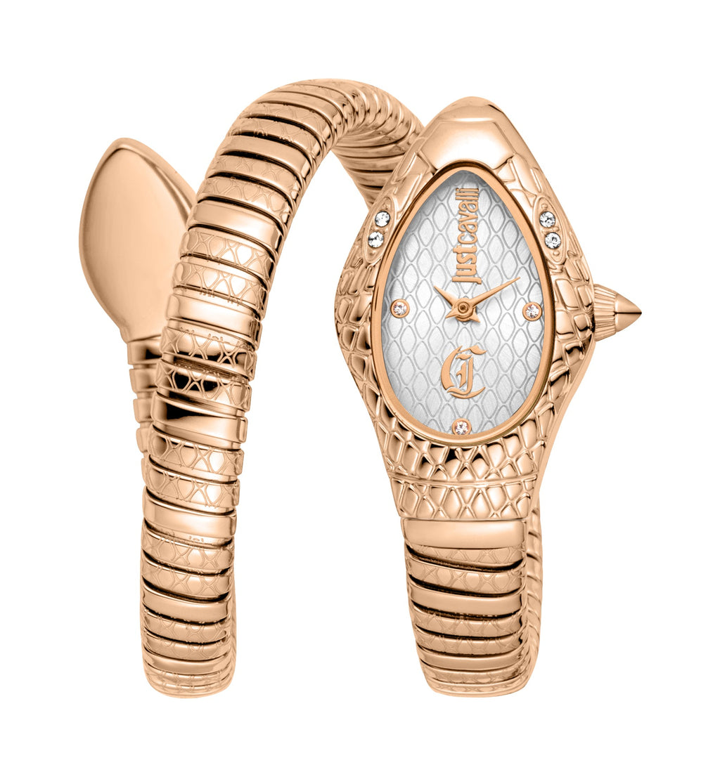 JUST CAVALLI Womens's Snake Watch, Rose Gold Color Case, Silver Dial, Rose Gold Color Stainless Steel Bracelet