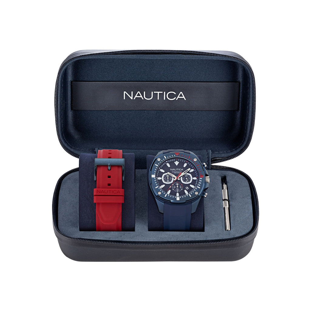 Nautica Mens Nct Blue Sail Chronograph Silicone Watch Box Set