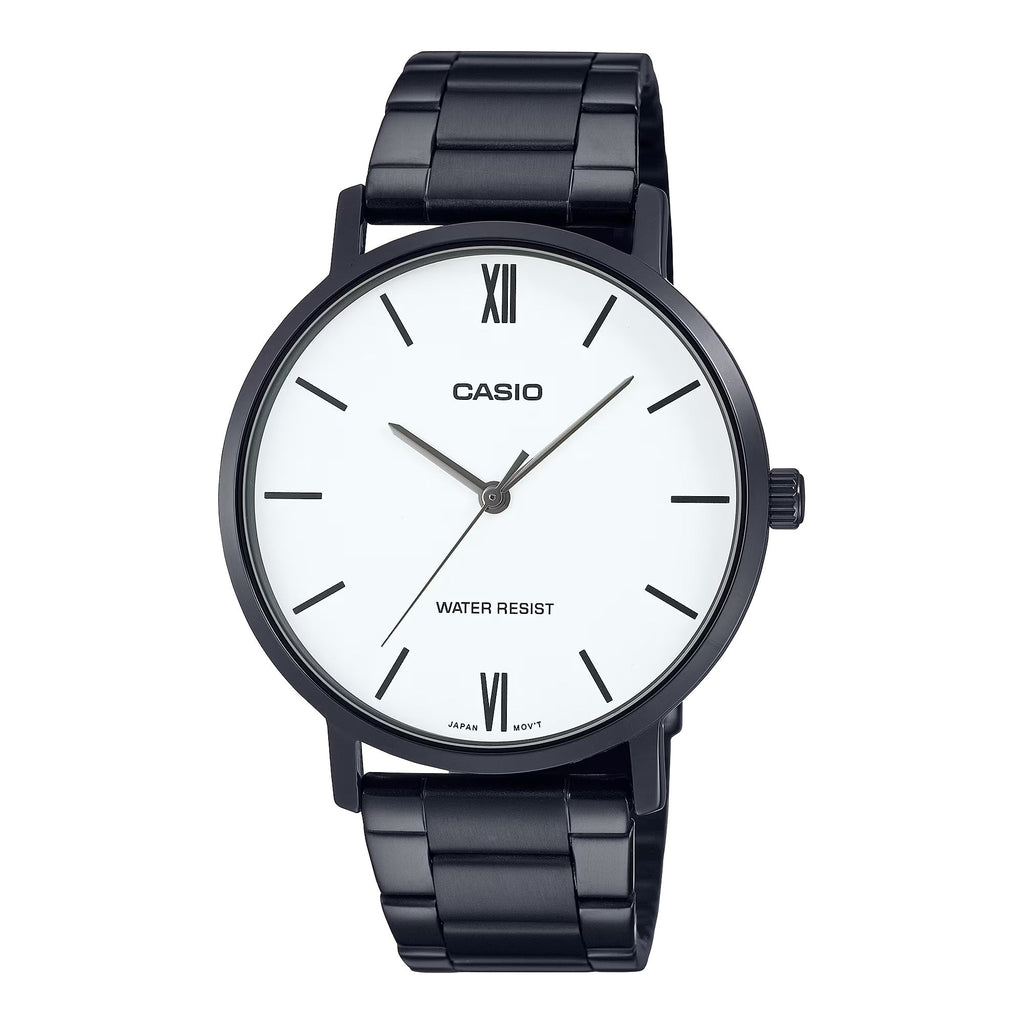 Casio Men’s Black Stainless Steel Watch with White Dial - MTP-VT01B-7BUDF